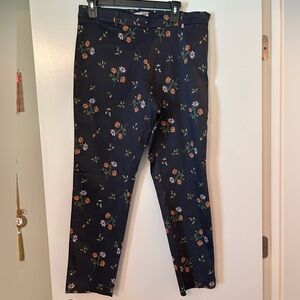 NWOT. H&M Cigarette Trousers Tapered Dark Blue Floral Ankle Pants, women’s sz 14